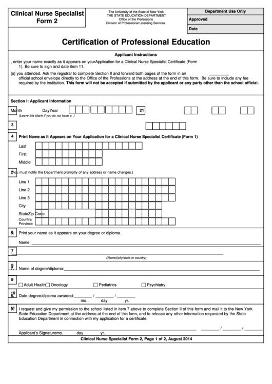Clinical Nurse Specialist Form 2 - Certification Of Professional Education - New York The State Education Department Printable pdf