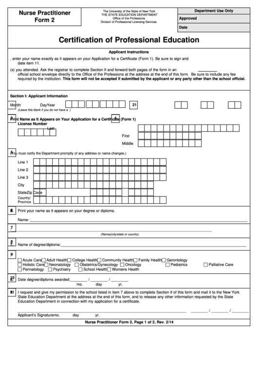 Nurse Practitioner Form 2 - Certification Of Professional Education - New York The State Education Department Printable pdf