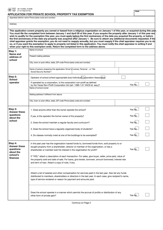 Fillable Form 50-119 - Application For Private School Property Tax Exemption Printable pdf