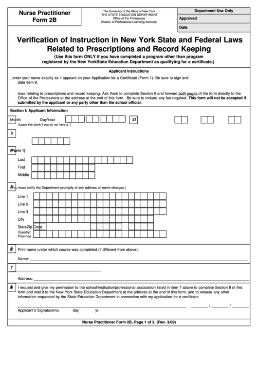 Nurse Practitioner Form 2b - Verification Of Instruction In New York State And Federal Laws Related To Prescriptions And Record Keeping Printable pdf