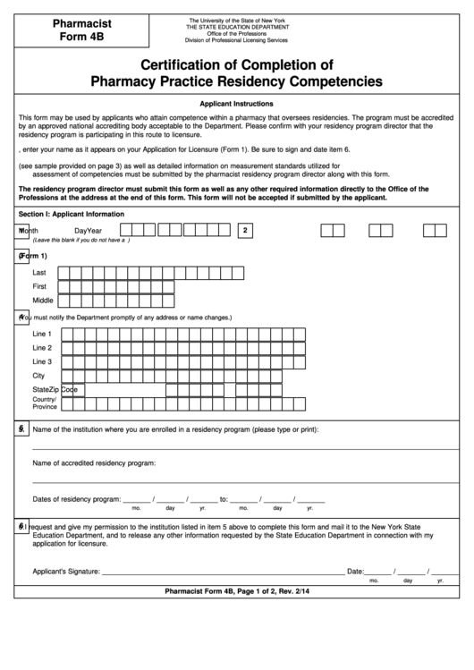 Pharmacist Form 4b - Certification Of Completion Of Pharmacy Practice Residency Competencies - New York The State Education Department Printable pdf