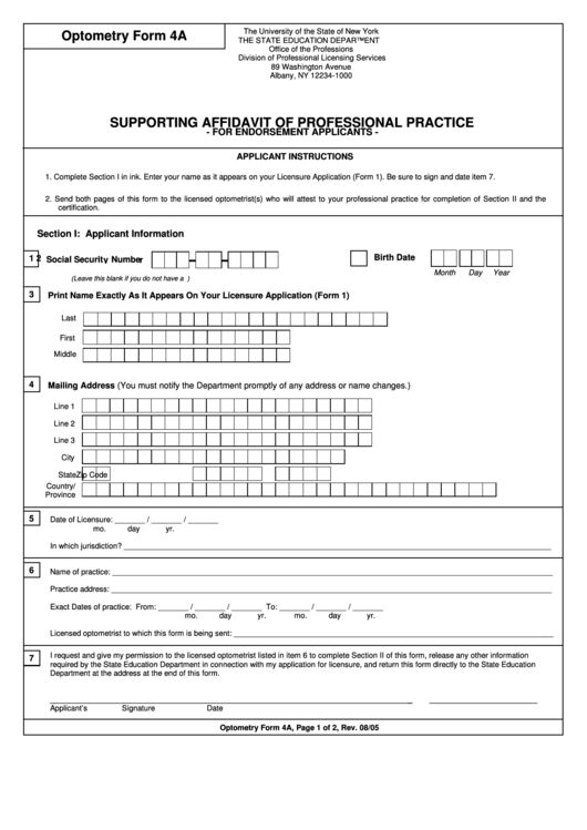 Optometry Form 4a - Supporting Affidavit Of Professional Practice - New York The State Education Department Printable pdf