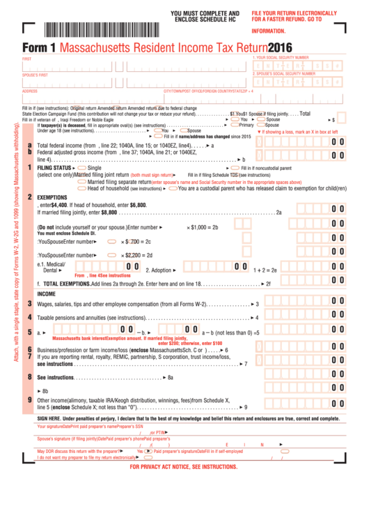 Form 1 - Massachusetts Resident Income Tax Return - 2016 Printable pdf