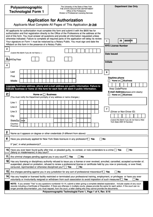 Polysomnographic Technologist Form 1 - Application For Authorization Printable pdf