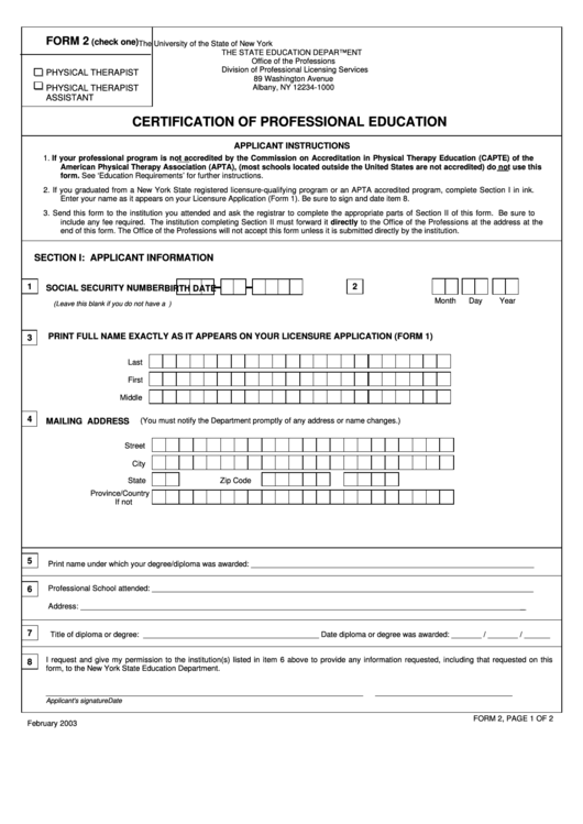 Physical Therapy Form 2 - Certification Of Professional Education - New York The State Education Department Printable pdf