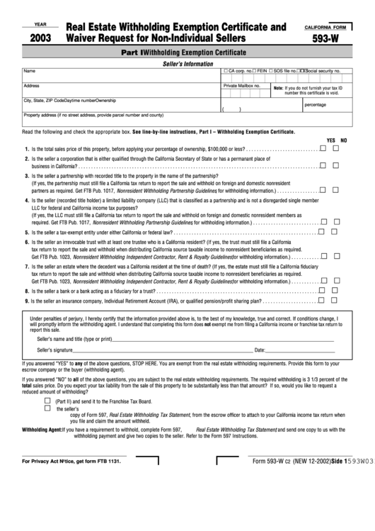 Form 593-W C2 - Real Estate Withholding Exemption Certificate And Waiver Request For Non-Individual Sellers 2003 Printable pdf