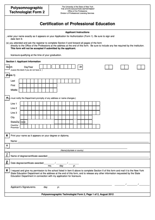 Polysomnographic Technologist Form 2 - Certification Of Professional Education - New York The State Education Department Printable pdf