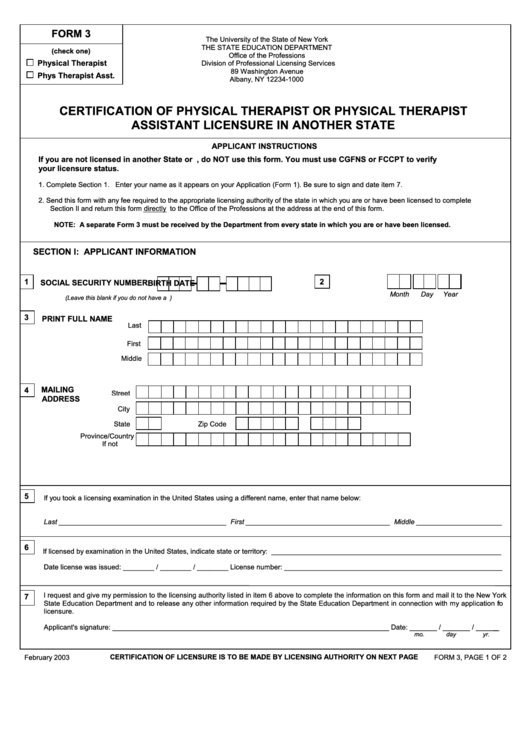 Physical Therapy Form 3 - Certification Of Physical Therapist Or Physical Therapist Assistant Licensure In Another State Printable pdf