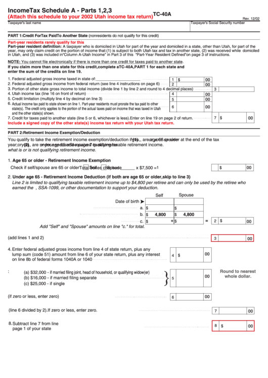 Form Tc-40a - Income Tax Schedule A - Parts 1, 2, 3 Printable pdf