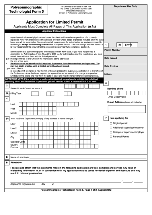 Polysomnographic Technologist Form 5 - Application For Limited Permit - New York The State Education Department Printable pdf