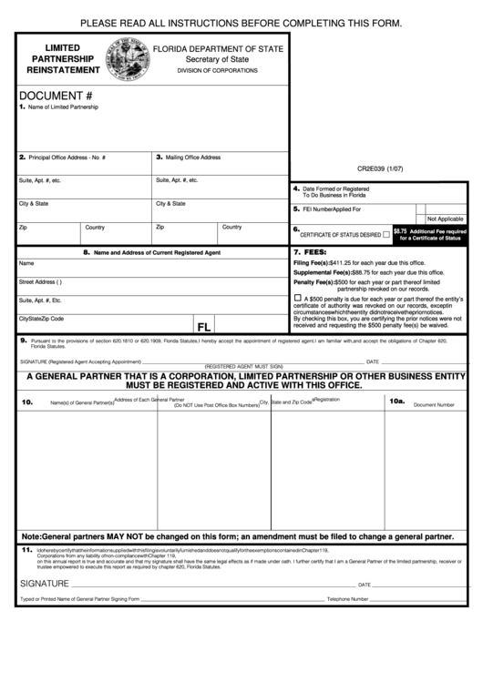 Fillable Form Cr2e039,1/07-Limited Partnership Reinstatement-Florida Department Of State Printable pdf