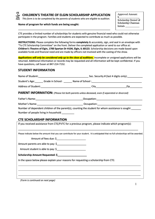 Scholarship Application Template Printable pdf