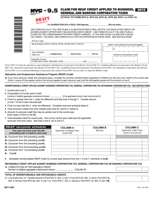 Form Nyc-9.5 Draft - Sample Claim For Reap Credit Applied To Business, General And Banking Corporation Taxes - 2015 Printable pdf