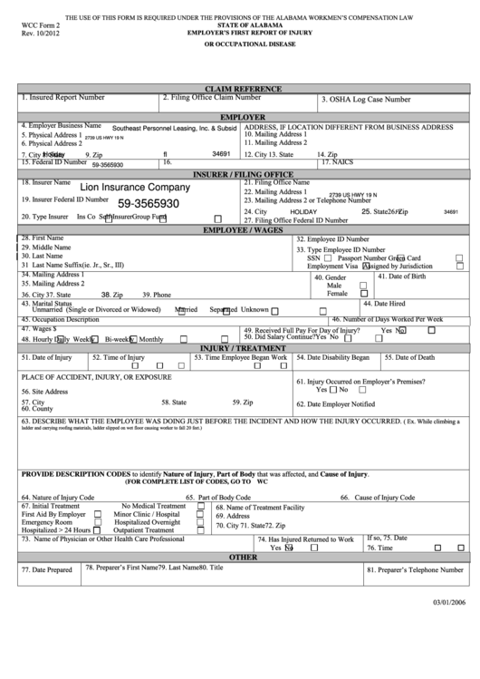 Wcc Form 2 - Employer's First Report Of Injury Or Occupational Disease