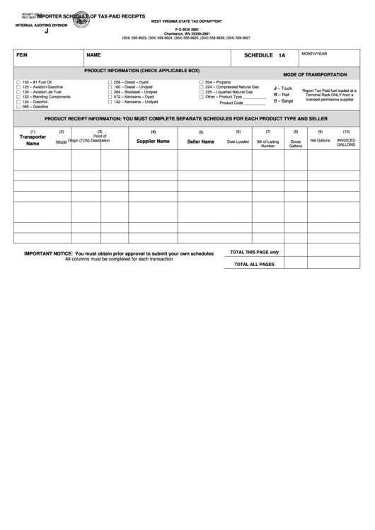 Form Wv/mft-508 - A Importer Schedule Of Tax-Paid Receipts - 2007 Printable pdf