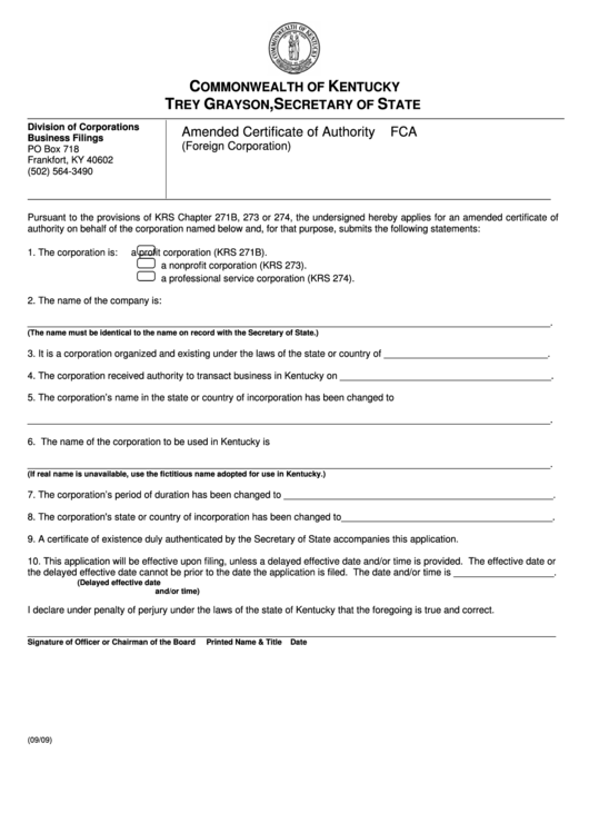 Fillable Form Fca - Amended Certificate Of Authority Printable pdf