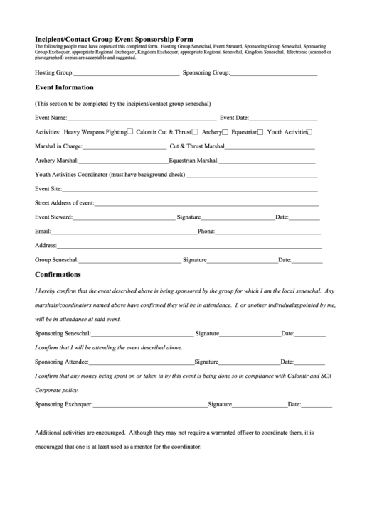 Incipient/contact Group Event Sponsorship Form Printable pdf