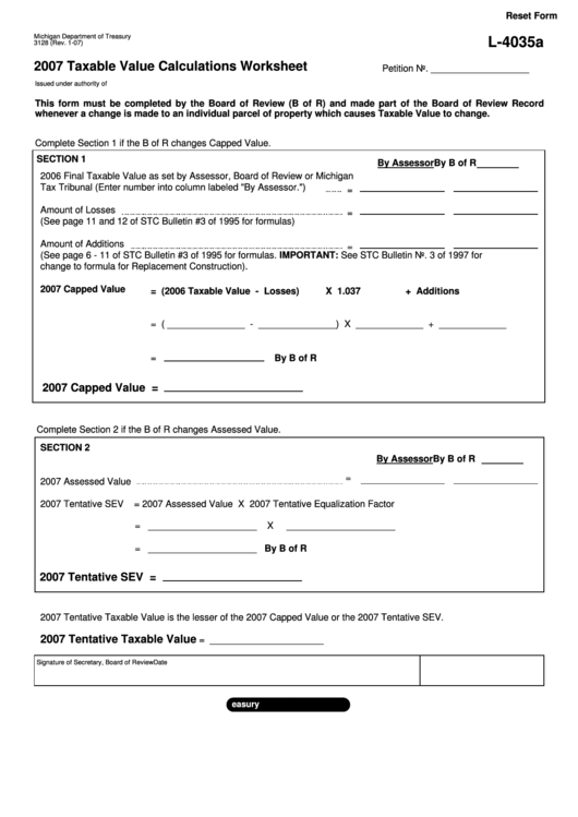 Fillable Form L-4035a - 2007 Taxable Value Calculations Worksheet Printable pdf