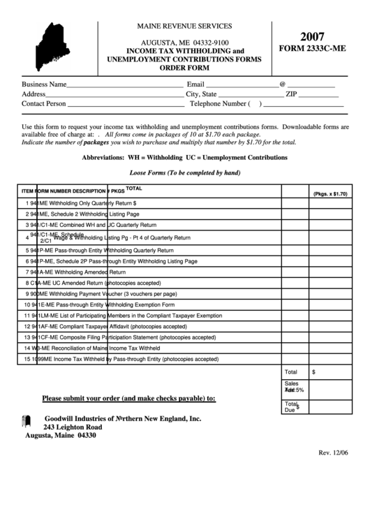 Form 2333c-Me - Income Tax Withholding And Unemployment Contributions Forms - Order Form Printable pdf