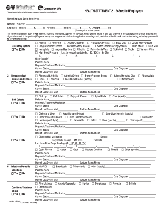 Health Statement 2 - 24 Enrolled Employees Form Printable pdf