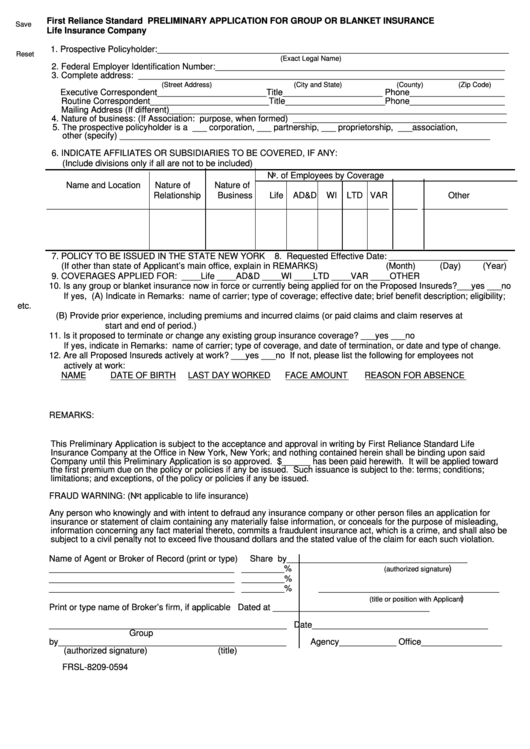 Fillable Form Frsl-8209-0594 - Preliminary Application For Group Or Blanket Insurance Printable pdf