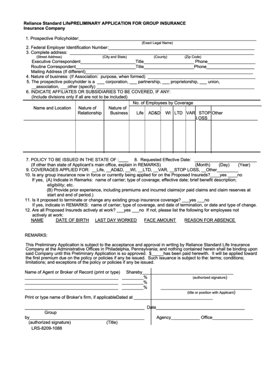 Form Lrs-8209-1088 - Preliminary Application For Group Insurance Form Printable pdf