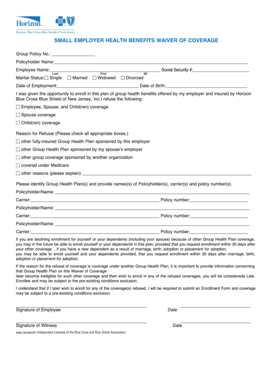 Form 2465 (W1004) - Small Employer Member Waiver Of Coverage Form Printable pdf