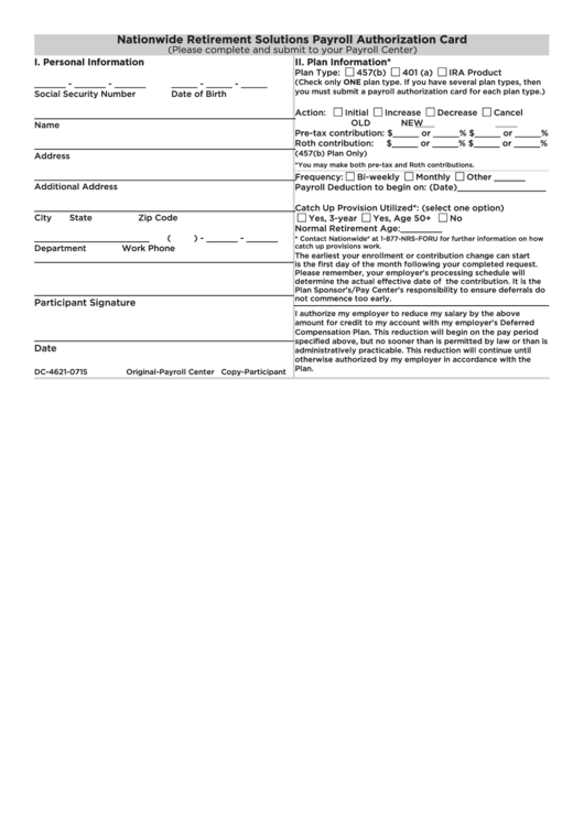Form Dc-4621-0715 - Nationwide Retirement Solutions Payroll Authorization Card Form Printable pdf