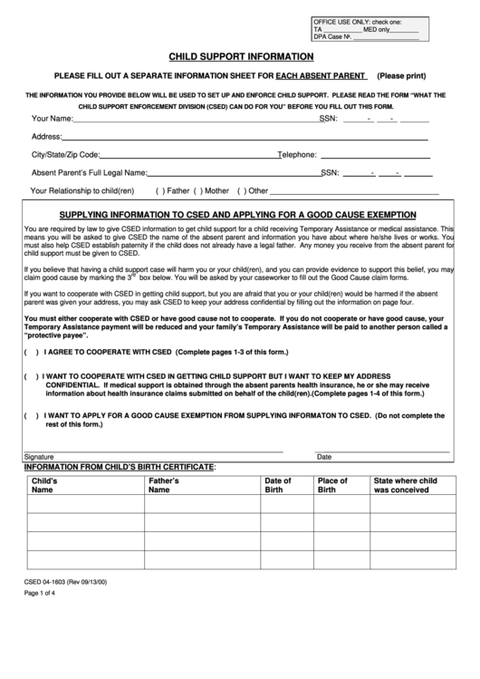Form Csed 04-1603 - Child Support Information Form Printable pdf