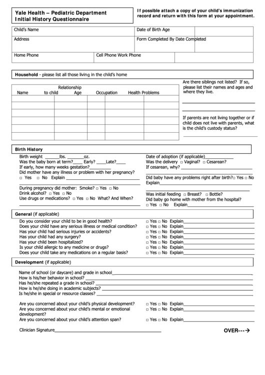 Initital History Questionnaire Form - Yale Health - Pediatric Department Printable pdf