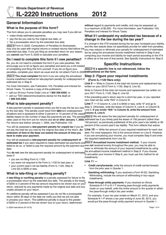 Form Il-2220 - Instructions - Illinois Department Of Revenue - 2012 Printable pdf