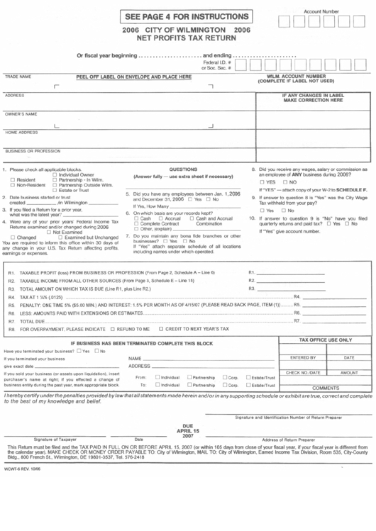 Form Wcwt-6 - Net Profits Tax Return Printable pdf