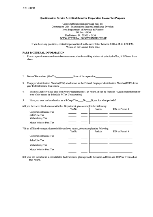 Questionnaire: Service Activities In Iowa For Corporation Income Tax Form Purposes Printable pdf