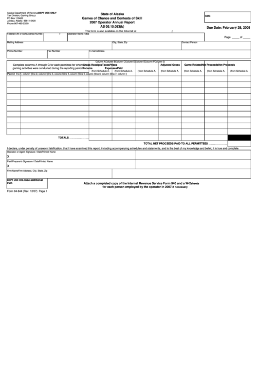 Form 04-844 - Operator Quarterly Report - 2007 Printable pdf