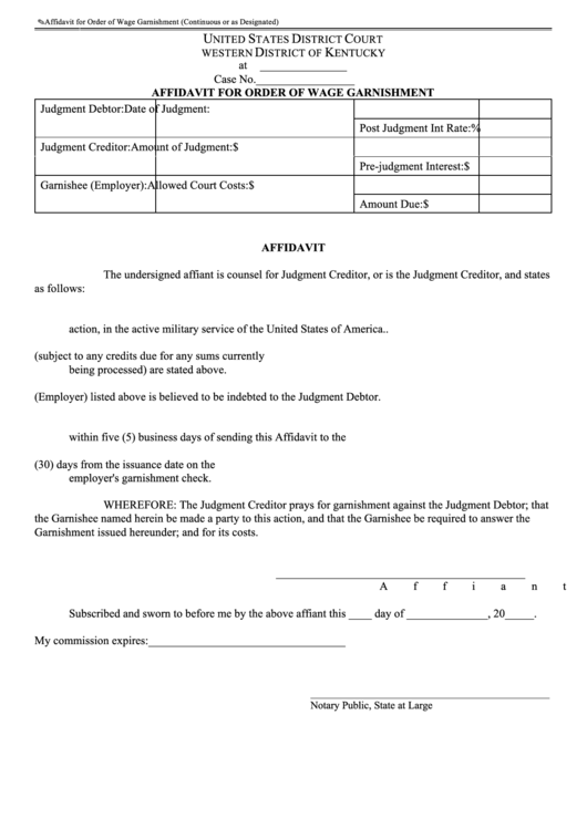 Fillable Affidavit For Order Of Wage Garnishment Form Printable pdf