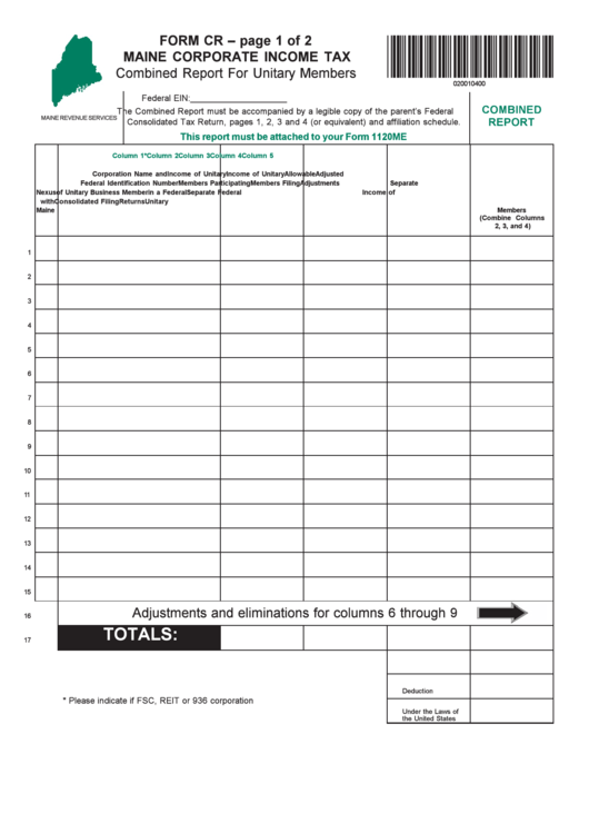 Form Cr - Maine Corporate Income Tax - Combined Report For Unitary Members Printable pdf