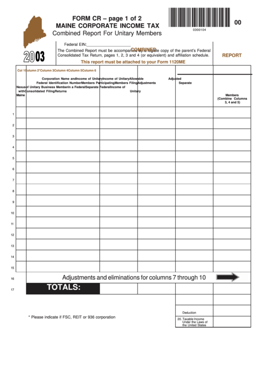 Form Cr - Maine Corporate Income Tax - Combined Report For Unitary Members - 2003 Printable pdf