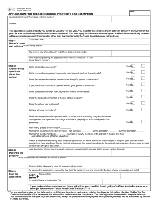 Fillable Form 50-125 - Application For Theater School Property Tax Exemption Printable pdf