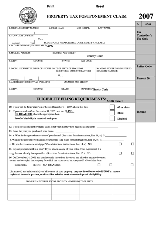 Fillable Property Tax Postponement Claim Form - 2007 Printable pdf