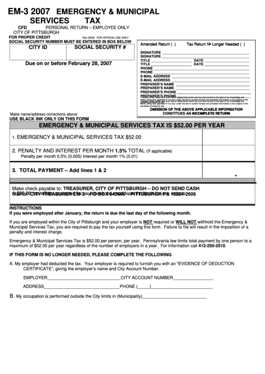 Form Em-3 - Emergency & Municipal Services Tax - 2007 Printable pdf