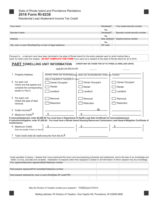 Fillable Form Ri-6238 - Residential Lead Abatement Income Tax Credit - 2016 Printable pdf