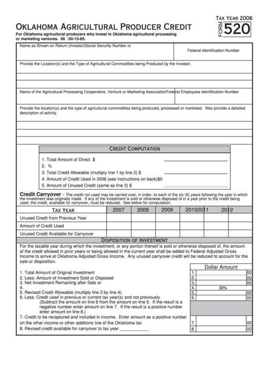 Fillable Form 520 - Oklahoma Agricultural Producer Credit - 2006 Printable pdf