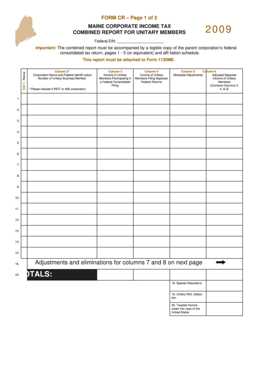 Form Cr-2009 - Maine Corporate Income Tax-Combined Report For Unitary Members - 2009 Printable pdf