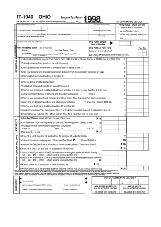 Form It-1040 - Income Tax Return 1998 - Ohio