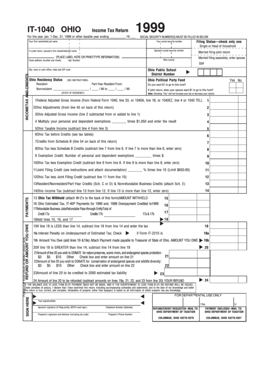 Form It-1040 - Incone Tax Return 1999 - Ohio
