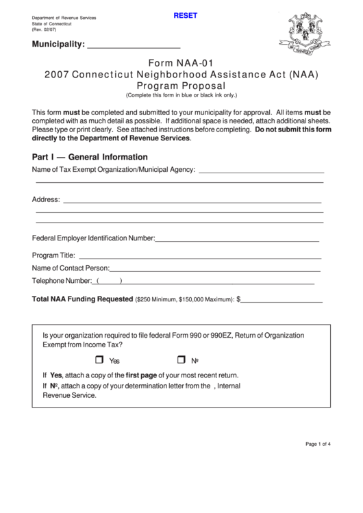 Fillable Form Naa-01 - Connecticut Neighborhood Assistance Act (Naa) Program Proposal - 2007 Printable pdf