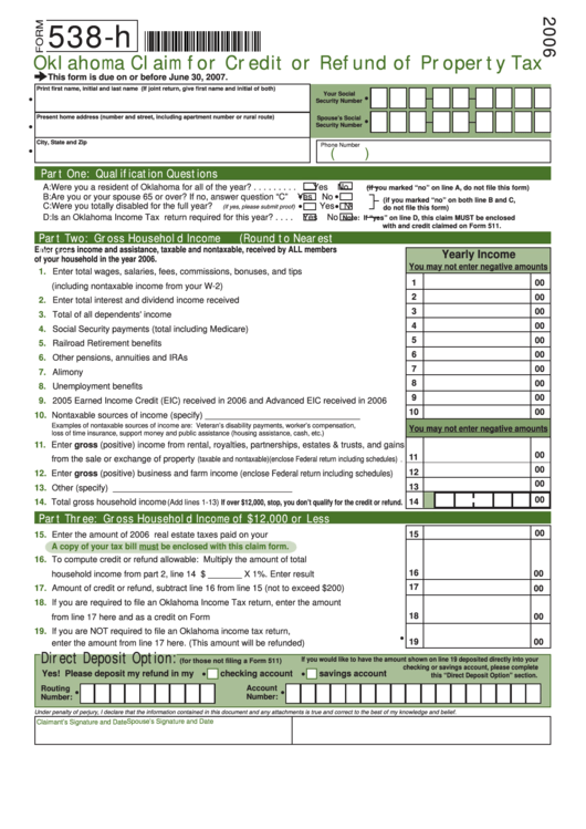Fillable Form 538-H - Oklahoma Claim For Credit Or Refund Of Property Tax - 2006 Printable pdf