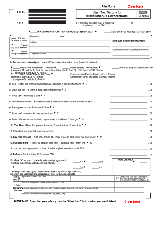 Fillable Form Tc-20mc - Utah Tax Return For Miscellaneous Corporations - 2009 Printable pdf
