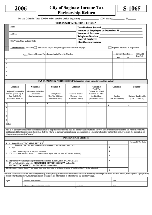 Form S-1065 - City Of Saginaw Income Tax Partnership Return - 2006 Printable pdf