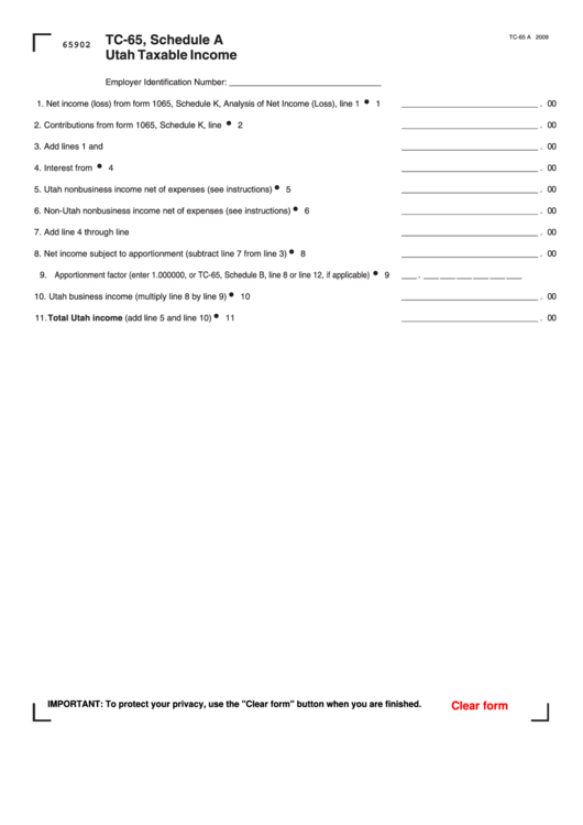 Fillable Form Tc-65 - Schedule A Utah Taxable Income Printable pdf